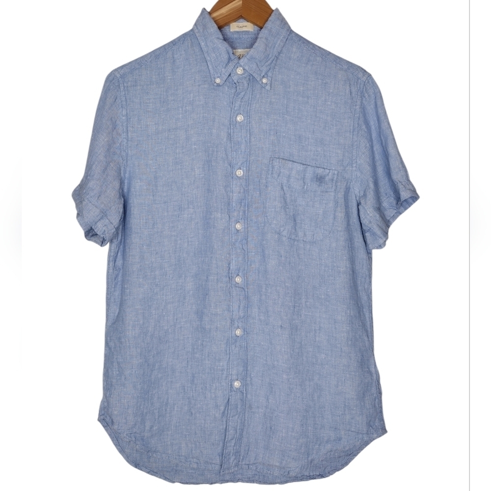J. Crew 100% Linen Light Blue Classic Casual Button Down Shirt Sz S